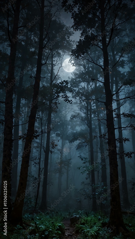 Ethereal, foggy twilight forest with moonlight. Ethereal, foggy twilight forest with moonlight.