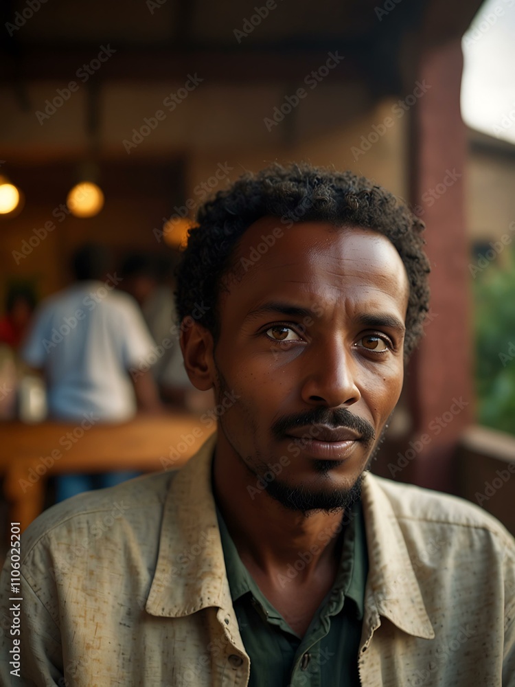 Ethiopian man socializing on a summer evening patio. Ethiopian man socializing on a summer evening patio.