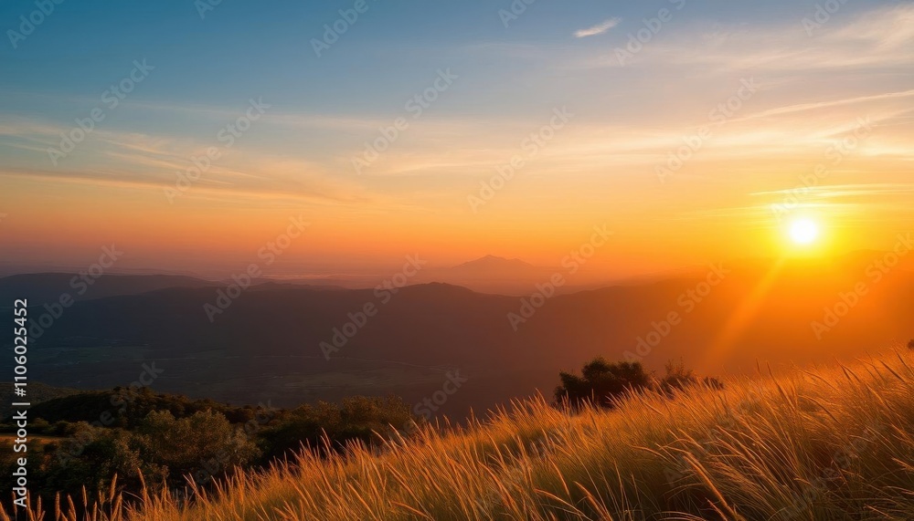 sunset over a grassy hill with a few trees and mountains in the background sunset over a grassy hill with a few trees and mountains in the background