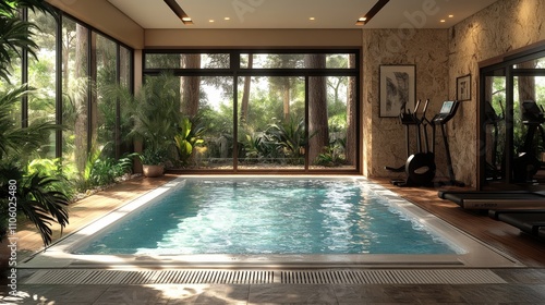 Wallpaper Mural A serene indoor pool area surrounded by greenery and fitness equipment. Torontodigital.ca