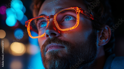 Portrait of Man with Illuminated Glasses in Colorful Light