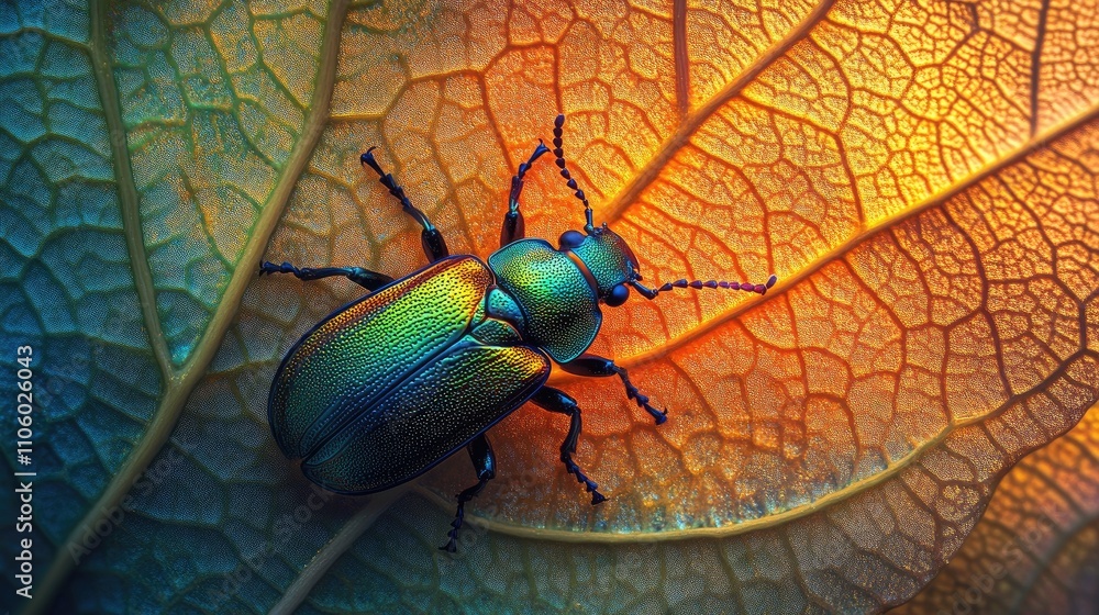 Fototapeta premium A small, iridescent beetle exploring the veins of a large, dew-covered leaf in the morning light, showcasing the beauty of nature details.