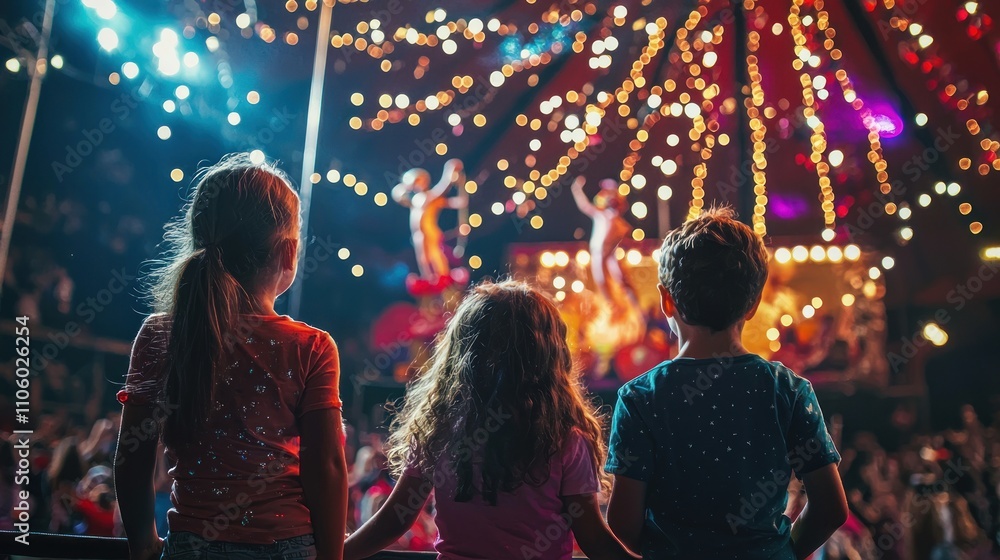 A family enjoying entertainment at a circus, amazed by the acrobats and performers A family enjoying entertainment at a circus, amazed by the acrobats and performers
