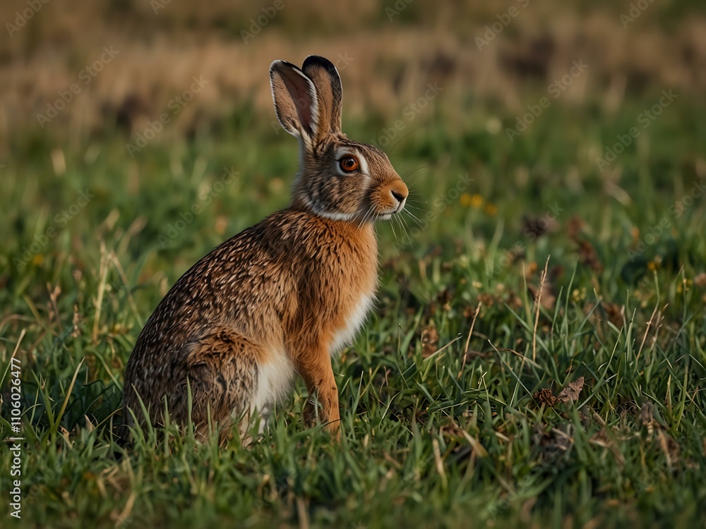 Fototapeta premium European hare in a grassy field.