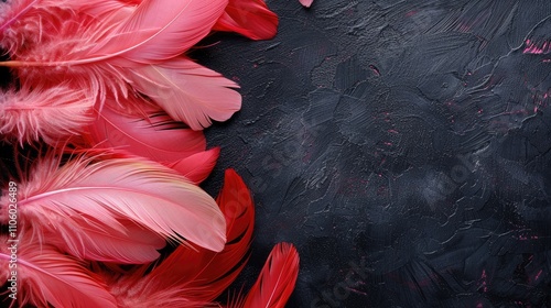 Abstract pink feathers on black background with red feather border on pink texture, love theme wallpaper for Valentine's Day.