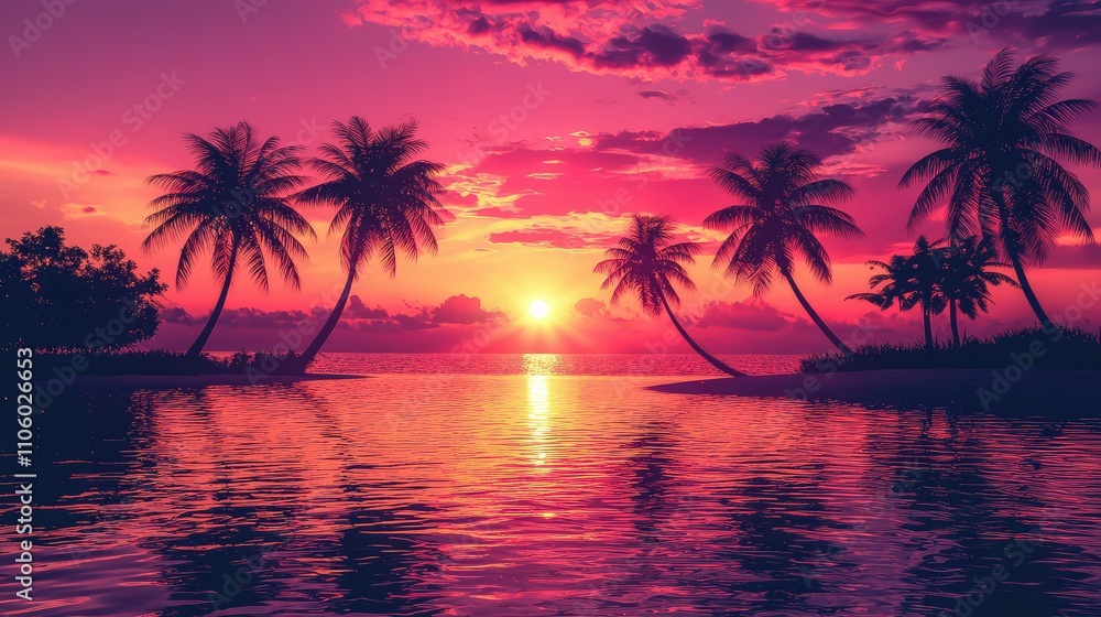 Breathtaking Tropical Sunset Over Calm Waters with Vivid Pink, Orange, and Purple Hues Illuminating Palm Trees and Beautiful Sky Reflection Breathtaking Tropical Sunset Over Calm Waters with Vivid Pink, Orange, and Purple Hues Illuminating Palm Trees and Beautiful Sky Reflection