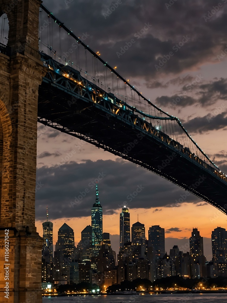 Obraz premium Evening flight near the Manhattan Bridge with a view of downtown NYC.