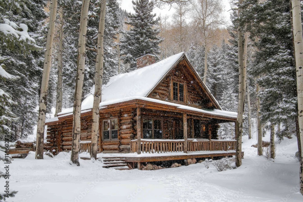 Rustic log cabin in the woods surrounded by snow-covered trees during wintertime snowfall Rustic log cabin in the woods surrounded by snow-covered trees during wintertime snowfall