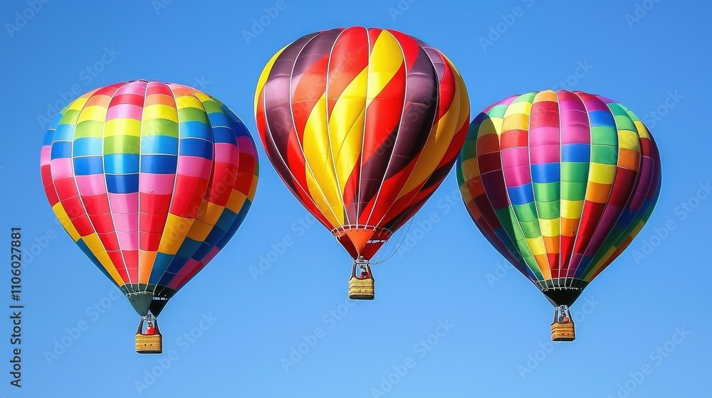 Naklejka premium Vibrant Hot Air Balloons Floating in a Clear Blue Sky, Captivating Display of Colors and Shapes Against a Stunning Backdrop of Nature's Serenity