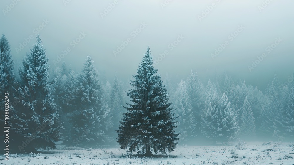 Solitary Snow Covered Pine Tree In Foggy Forest Solitary Snow Covered Pine Tree In Foggy Forest