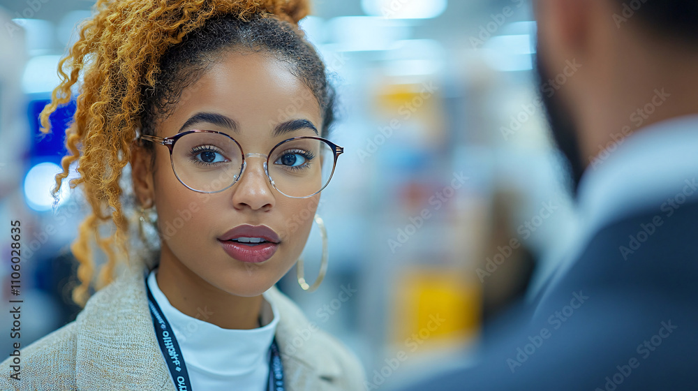 Young professional businesswoman wearing eyeglasses talking with colleague in modern office Young professional businesswoman wearing eyeglasses talking with colleague in modern office