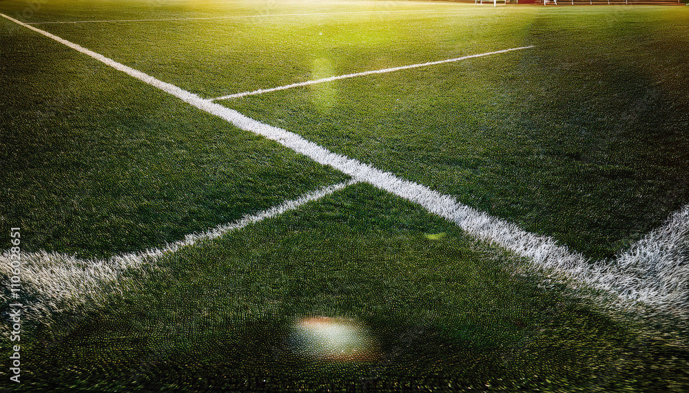 Obraz premium A close-up view of a worn football field, showcasing realistic grass texture and markings, highlighting the wear and tear of outdoor play in a vibrant green setting.