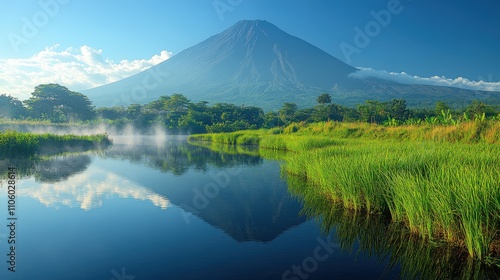 A serene landscape featuring a volcano reflected in a calm river surrounded by lush greenery.