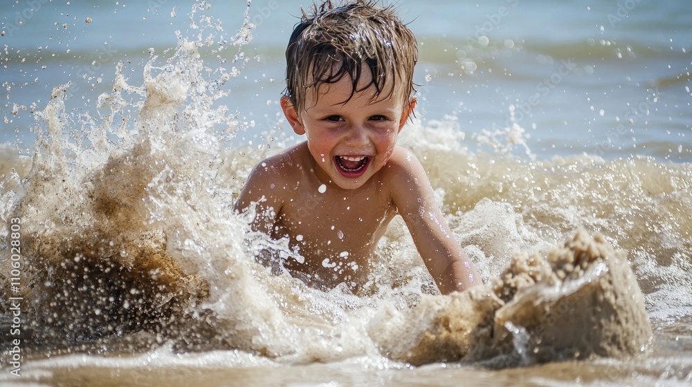 Obraz premium A child enjoying a day at the beach, building sandcastles and splashing in the waves with pure joy