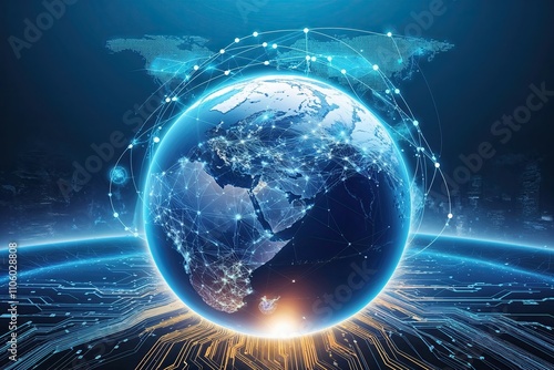 Fototapeta Naklejka Na Ścianę i Meble -  Global Connectivity Mapping of Earth and Globe Illustrating Business Interactions and Cyber Network Integration