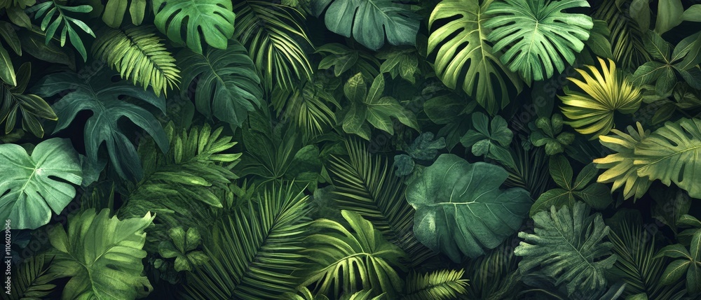 A lush arrangement of various green leaves creating a vibrant, tropical atmosphere. A lush arrangement of various green leaves creating a vibrant, tropical atmosphere.