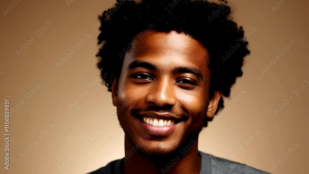 Medium close-up of a smiling young African American man with curly black hair against a brown background. Portrait of a happy person Medium close-up of a smiling young African American man with curly black hair against a brown background. Portrait of a happy person