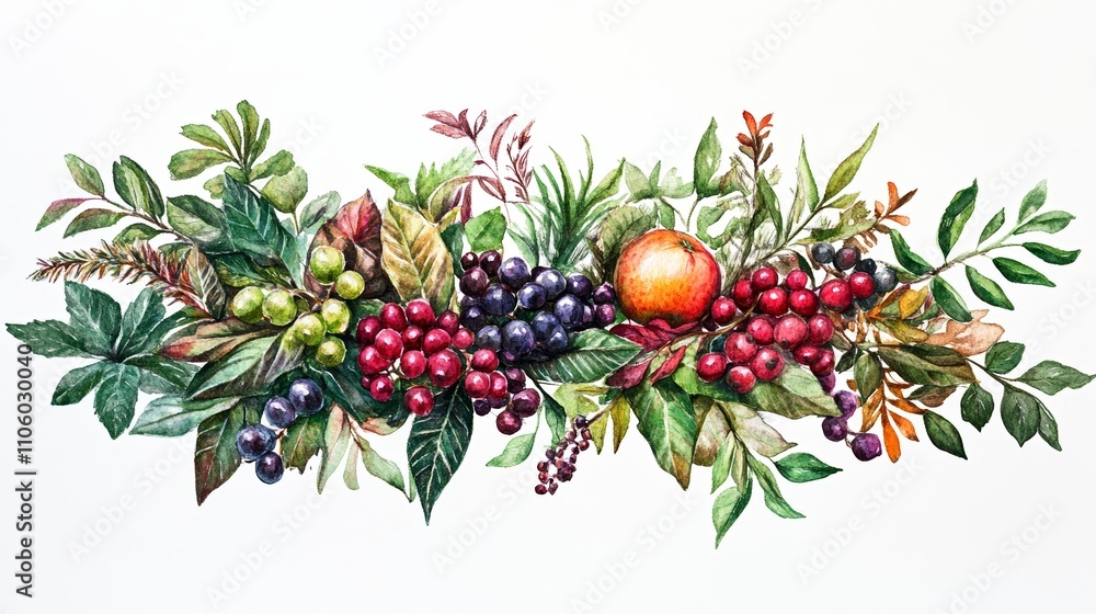 Obraz premium Watercolor Illustration of Festive Fruits and Berries With Leaves Creating Vibrant and Natural Holiday Design