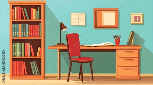 A desk with a chair and a bookcase in a room