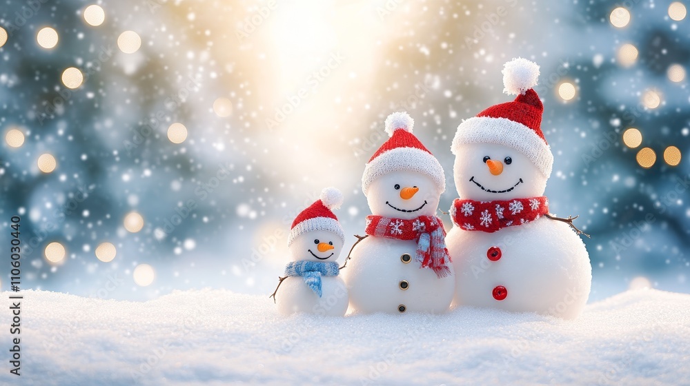 Fototapeta premium Adorable and Happy Snowman Family Dressed in Santa Hats on Snowy Ground for Festive Winter Holiday Scene