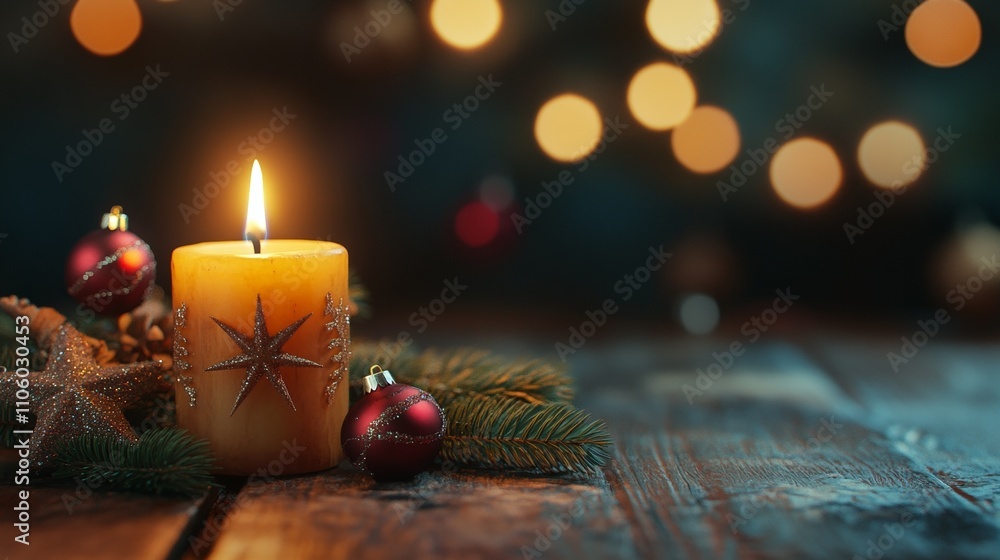 Christmas Still Life With Burning Candle, Pinecones, and Green Branches on Rustic Wooden Table Creating Cozy and Festive Scene Christmas Still Life With Burning Candle, Pinecones, and Green Branches on Rustic Wooden Table Creating Cozy and Festive Scene