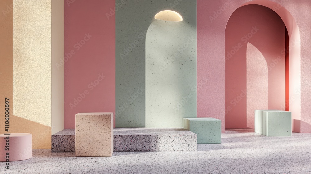 A terrazzo podium with abstract geometric cubes and minimal pastel lighting A terrazzo podium with abstract geometric cubes and minimal pastel lighting