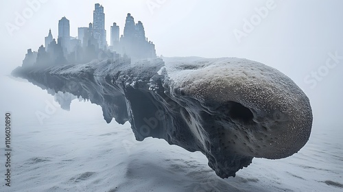 A creative double exposure image of a bagel with its doughy surface blending into a New York cityscape in the background. The texture of the bagel contrasts with the urban environment, offering 