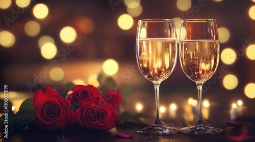 Two Glasses of Sparkling Wine with Red Roses and Soft Golden Bokeh Lights Creating a Romantic and Festive Scene