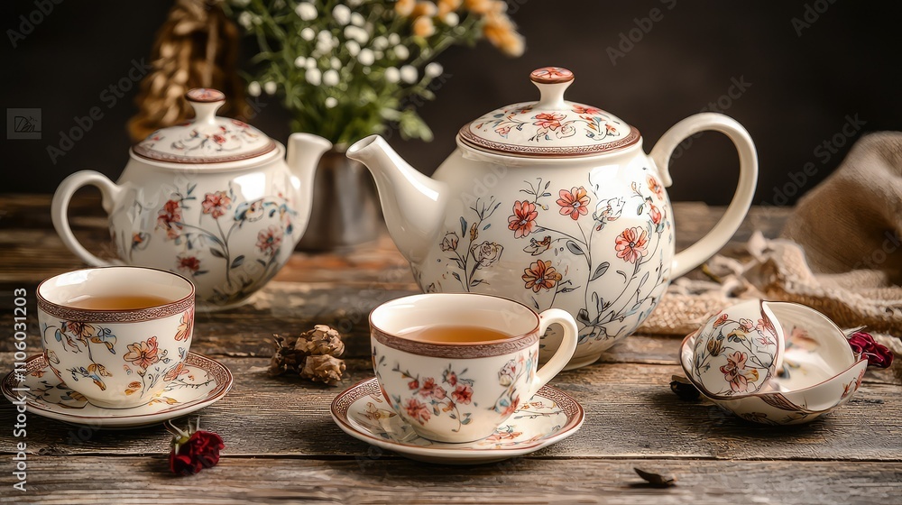 Elegant Ceramic Tea Set Featuring Delicate Floral Designs Arranged on Rustic Wooden Table with Fresh Flowers in Background Elegant Ceramic Tea Set Featuring Delicate Floral Designs Arranged on Rustic Wooden Table with Fresh Flowers in Background