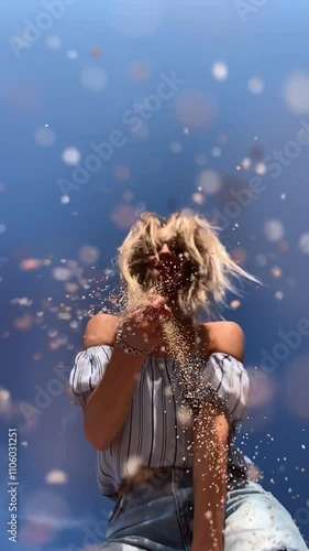 Slow motion of young beautiful woman hand is caressing the sand on a background of the sky, releases it down.