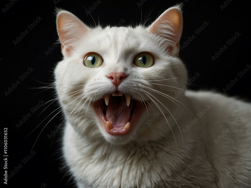 Obraz premium Expressive white cat with wide eyes and open mouth against a black background.
