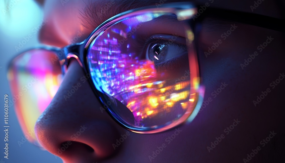 Young Man Wearing Glasses with Colorful Reflections Young Man Wearing Glasses with Colorful Reflections