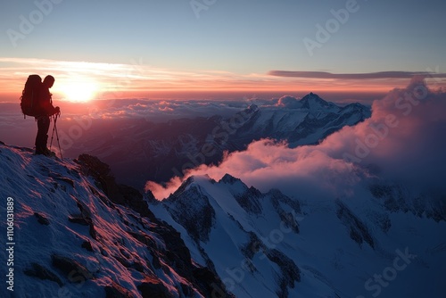 Serene sunrise view from mountain peak with a lone hiker admiring misty valleys and distant snow-capped ranges