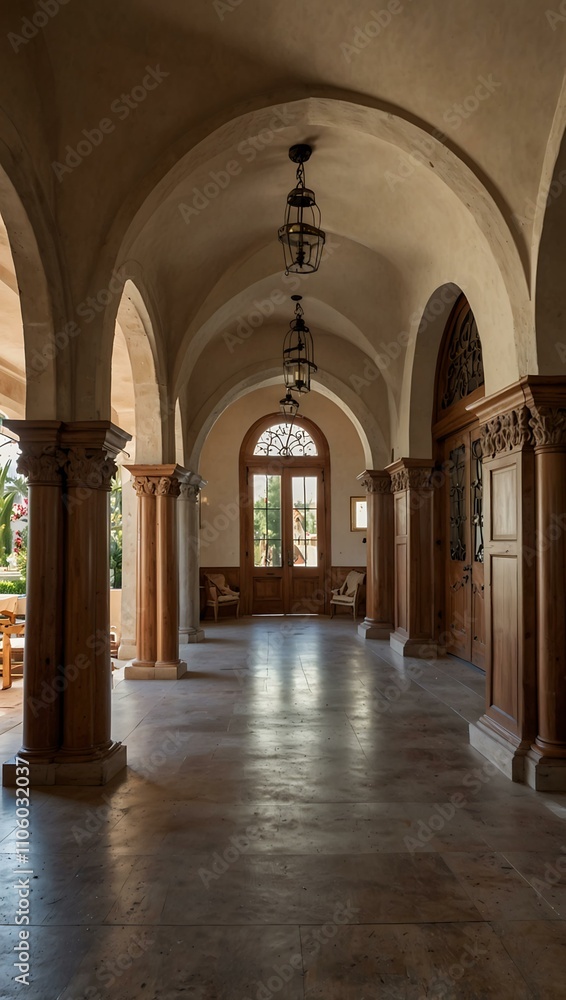 Obraz premium Extravagant villa with large wooden doors and arches.