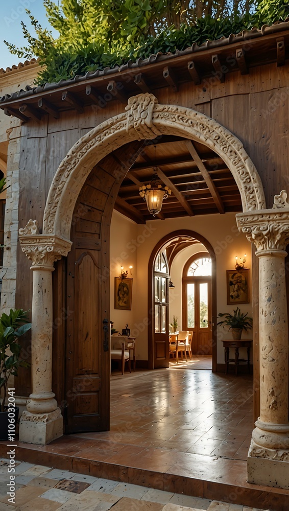 Fototapeta premium Extravagant villa with large wooden doors and arches.