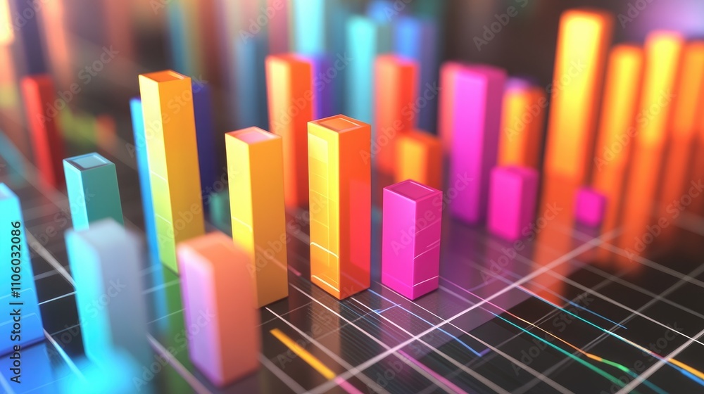 A vibrant 3D financial bar graph with colorful bars rising from a grid, representing data growth and success. Futuristic digital design on a clean background. A vibrant 3D financial bar graph with colorful bars rising from a grid, representing data growth and success. Futuristic digital design on a clean background.