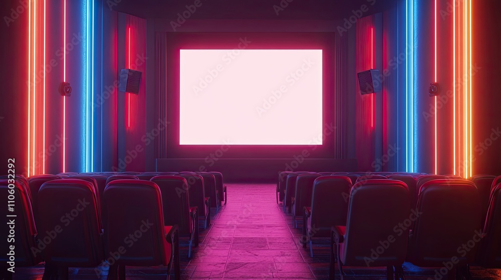 Fototapeta premium Interior of a cinema featuring empty seats and a plain screen 3D illustration