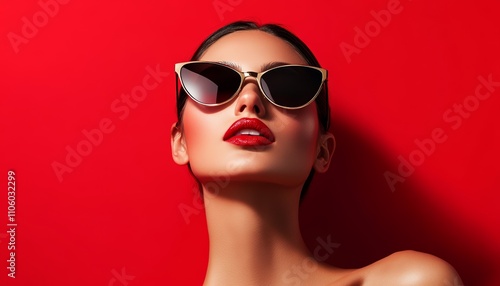 Wallpaper Mural Woman Posing with Stylish Sunglasses Red Background in Fashionable Portrait Torontodigital.ca