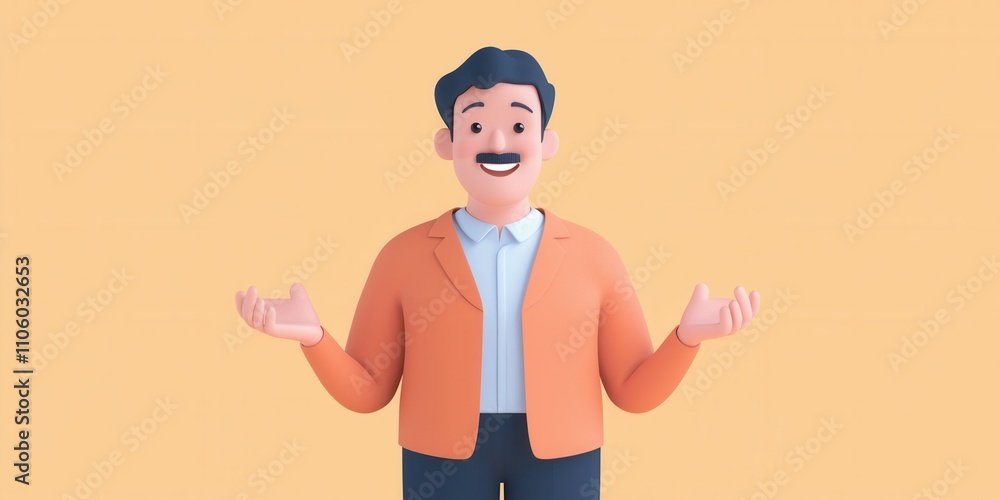 A cheerful man expressing positivity and enthusiasm with open hands.