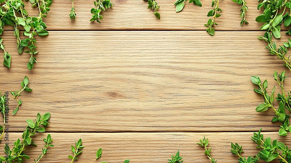 Fresh thyme sprigs arranged in a frame on a wooden surface. Fresh thyme sprigs arranged in a frame on a wooden surface.