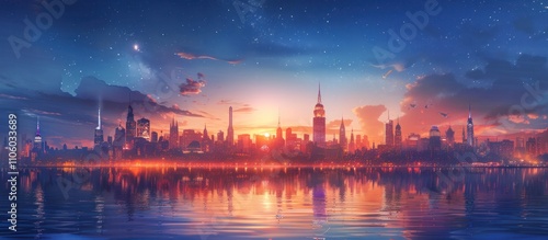 Breathtaking panoramic view of a modern futuristic cityscape skyline with towering skyscrapers and vibrant sunset colors reflected on the calm water surface