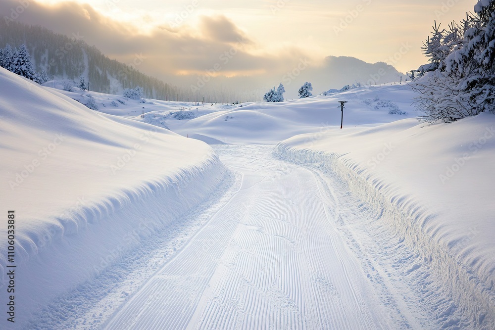 Freshly groomed ski track in serene snowy landscape Freshly groomed ski track in serene snowy landscape