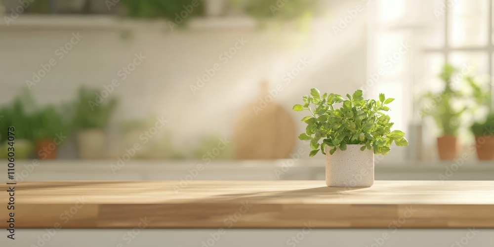 A vibrant herb plant in a white pot on a wooden table, bathed in natural sunlight. A vibrant herb plant in a white pot on a wooden table, bathed in natural sunlight.