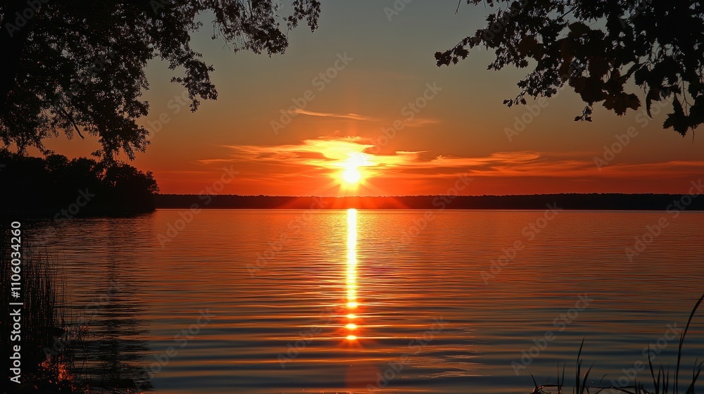 A serene sunset over a calm lake, reflecting vibrant colors on the water's surface. A serene sunset over a calm lake, reflecting vibrant colors on the water's surface.