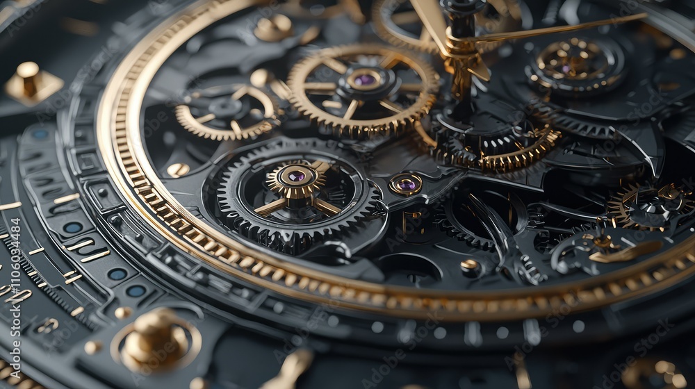 Close-Up of an Intricate Mechanical Clock Displaying Gears, Cogs, and Internal Mechanisms with Elegant Gold Accents and Dark Finish Close-Up of an Intricate Mechanical Clock Displaying Gears, Cogs, and Internal Mechanisms with Elegant Gold Accents and Dark Finish
