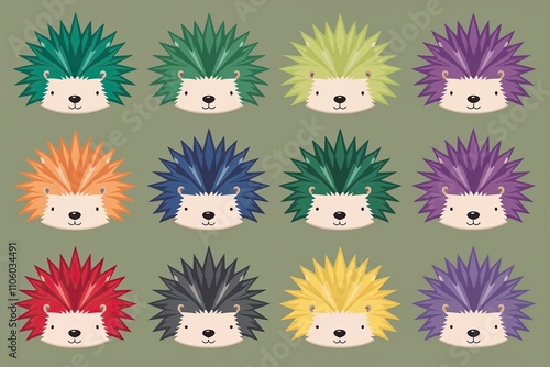 Charming Colorful Flat Illustrations of Playful Spiky Hedgehog Faces