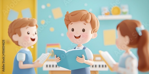 Children enjoying storytelling together in a colorful classroom setting.