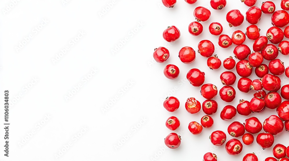 Red berries scattered on a white background, leaving space for text or design. Red berries scattered on a white background, leaving space for text or design.