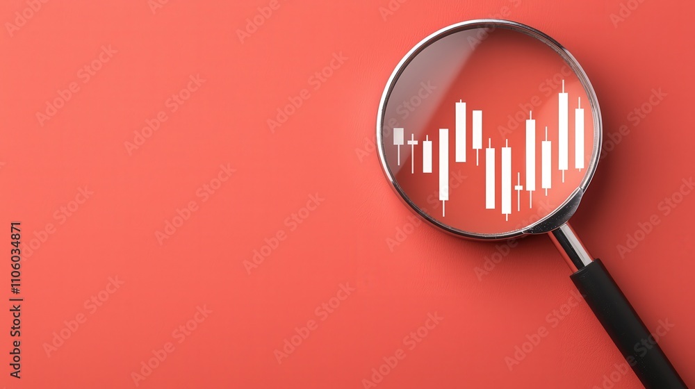 Economic, Strategies, Global, Inflation. A magnifying glass focusing on a stock market chart against a red background. Economic, Strategies, Global, Inflation. A magnifying glass focusing on a stock market chart against a red background.