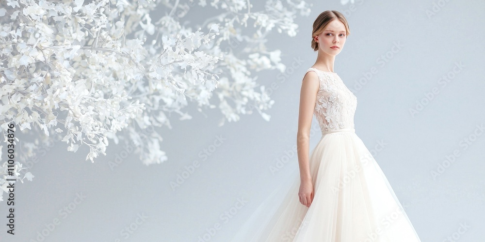 Naklejka premium Elegant bride in a stunning gown posing against a minimalist backdrop of flowers.